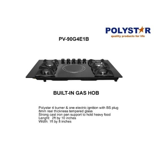 4 Burner + 1 Hot Plate Inbuilt Hob Glass Gas Cooker - Pv-90g4e1b - 87cm x 57cm