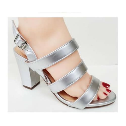Block Heel Female Leather Sandal - Silver