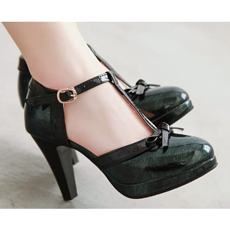 T Bar Bow Glossy Patent Leather Platform Shoes - Green