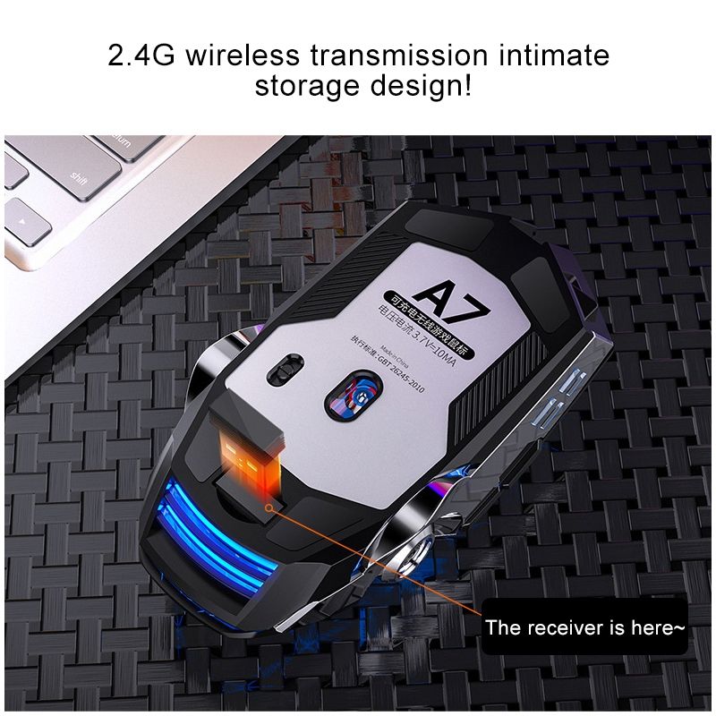 YINDIAO A7 3-modes Adjustable 7-keys Rechargeable RGB Light Wireless Silent Gaming Mouse (Black)