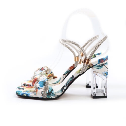 Floral Block Heel Studded Sandals- White