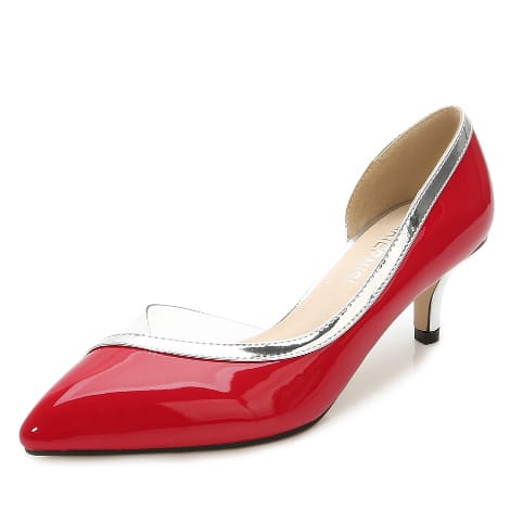 Transparent Leather Kitten Heels Court Shoes - Red