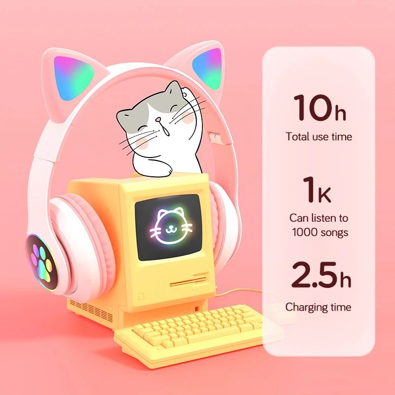 Cute Cat Bluetooth Headphone Wireless Headset Foldable Hifi