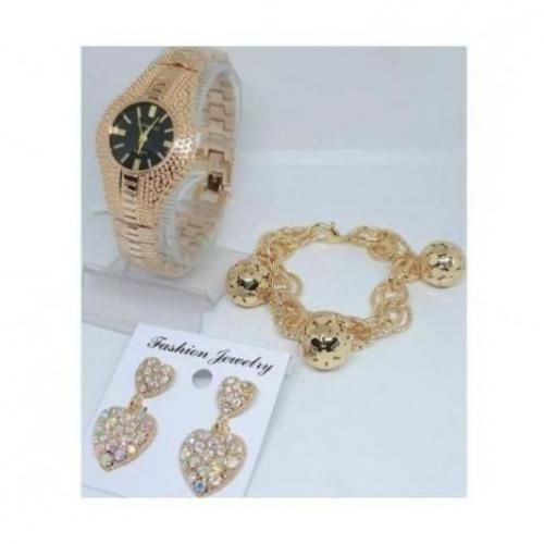 Women Gold Wristwatch & Bracelet + Earring