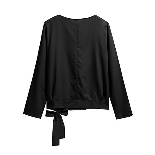 Women Long Sleeve Self Tie Hem Solid Casual Pullover Blouse-Black