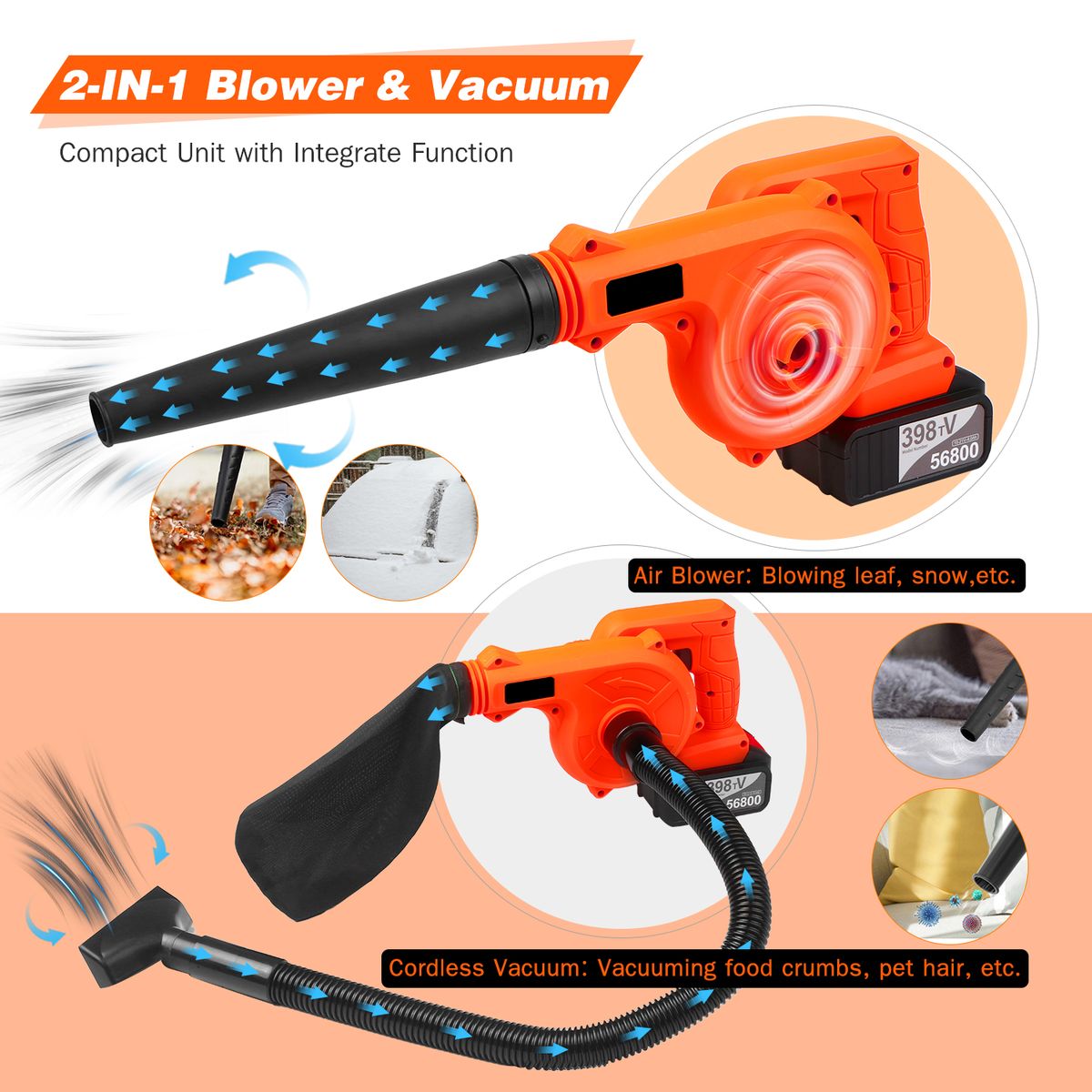 Cordless Leaf Blower 21V 2 Pack 4.0A Lithium 2 In 1 Sweeper