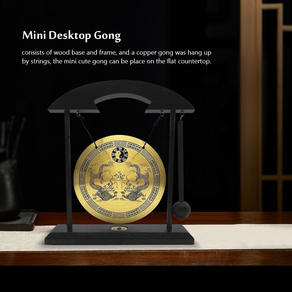 Mini Desktop Gong Table Wind Chime Percussion Instruments with Mallet for Home Decor Housewarming Gift - Dragon with Taiji Symbols Double Dragon