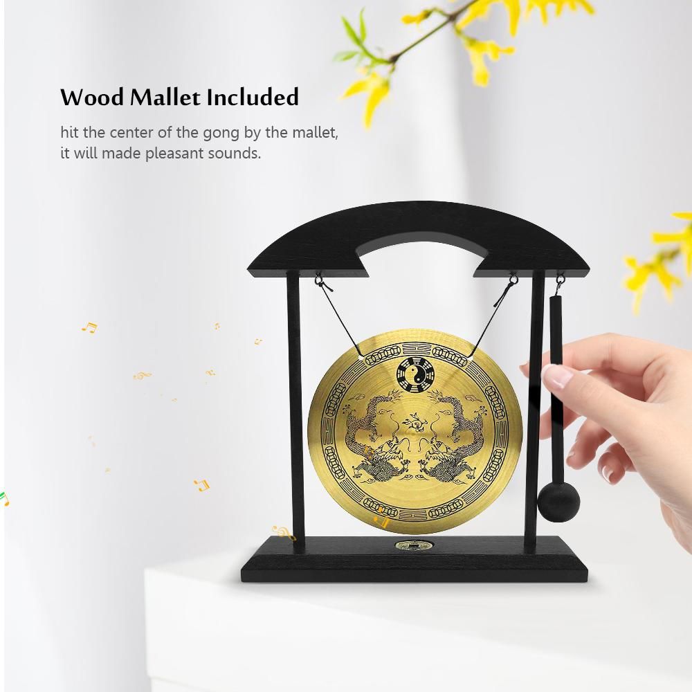 Mini Desktop Gong Table Wind Chime Percussion Instruments with Mallet for Home Decor Housewarming Gift - Dragon with Taiji Symbols Double Dragon