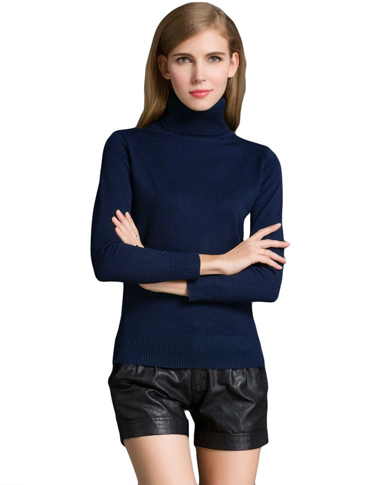 Winter Women Sweater Knitwear Turtle Neck Long Sleeves-dark Blue
