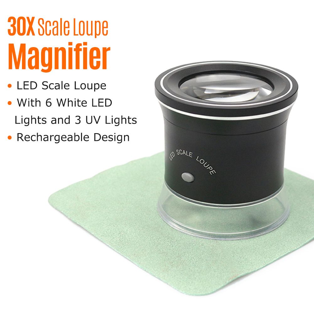 30X LED Scale Loupe Illuminated Magnifier With 6 White 3 UV