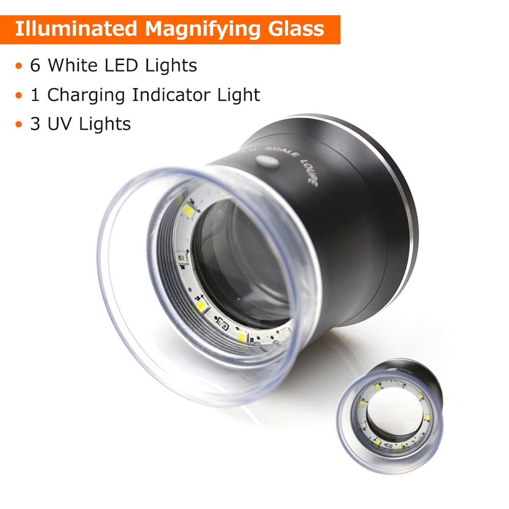30X LED Scale Loupe Illuminated Magnifier With 6 White 3 UV
