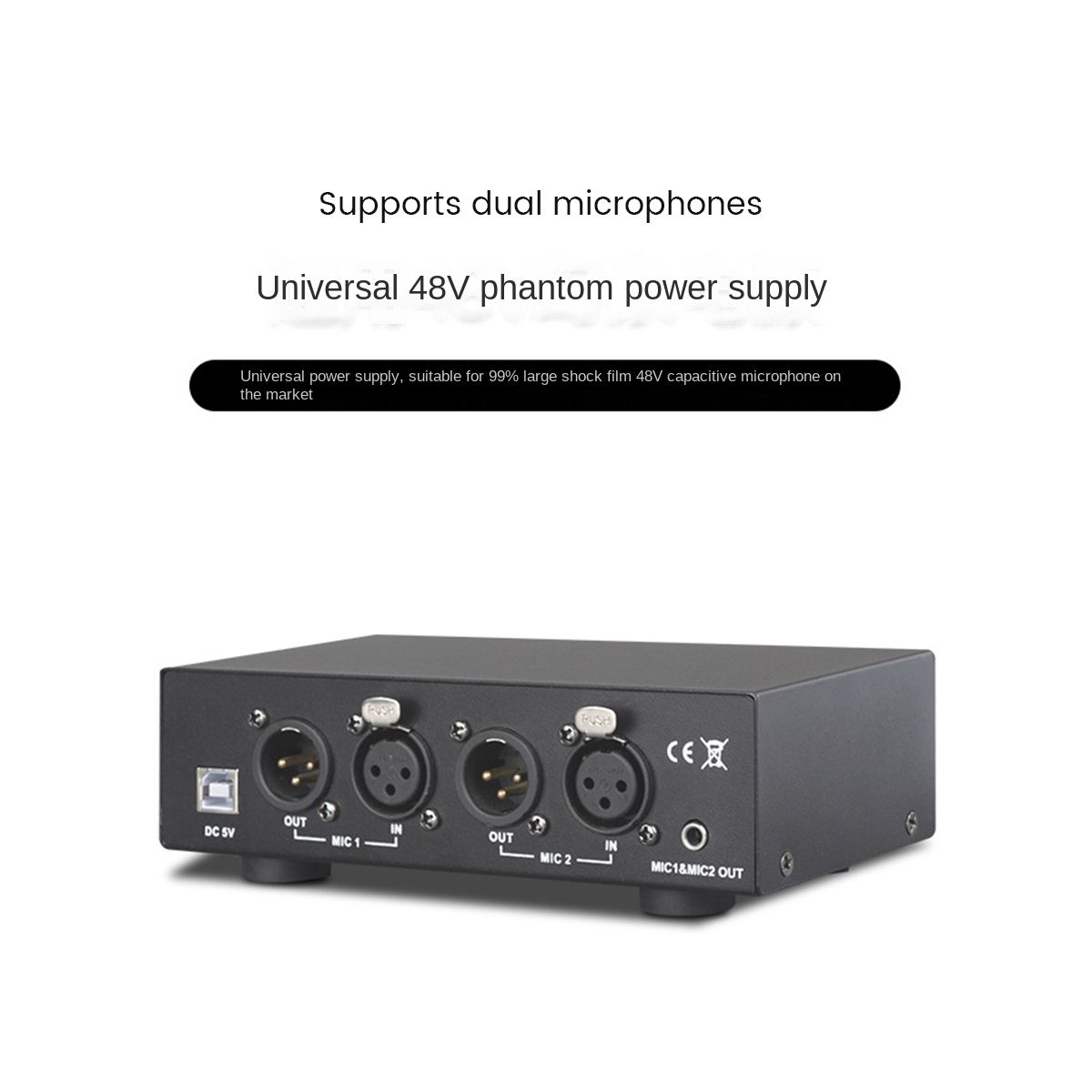 48V USB Dual Mixed Output Phantom Power Supply for Condenser Microphones Music Recording Equipment