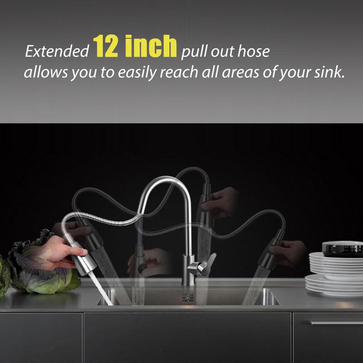 Pull Out Kitchen Faucets with 2 Spray Modes High Arc Bathroom Basin Sink Faucets Pull Down Sprayer Ceramic Valve Brushed Nickel Finished 360 Degree Swivel Water Tap with Cold & Hot Water Inlet Pipes
