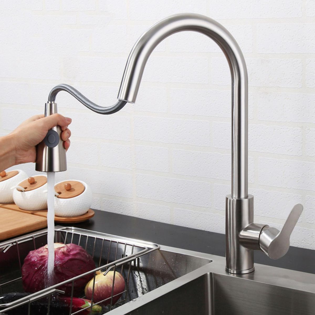 Pull Out Kitchen Faucets with 2 Spray Modes High Arc Bathroom Basin Sink Faucets Pull Down Sprayer Ceramic Valve Brushed Nickel Finished 360 Degree Swivel Water Tap with Cold & Hot Water Inlet Pipes