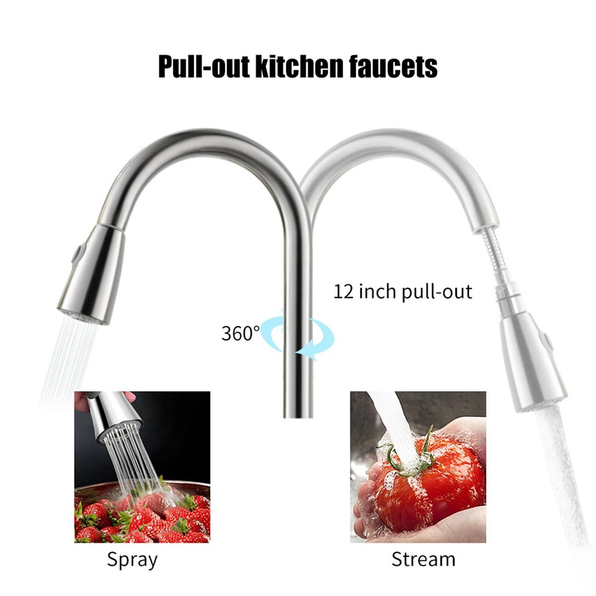 Pull Out Kitchen Faucets with 2 Spray Modes High Arc Bathroom Basin Sink Faucets Pull Down Sprayer Ceramic Valve Brushed Nickel Finished 360 Degree Swivel Water Tap with Cold & Hot Water Inlet Pipes