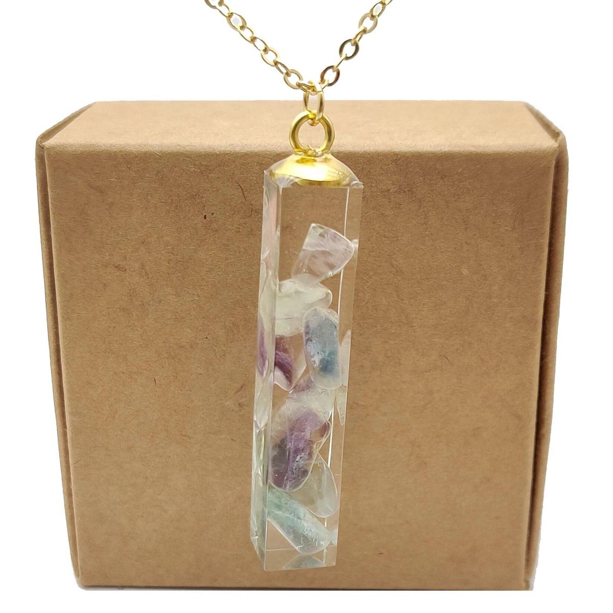Fluorite Natural Stone Transparent Cube Resin Gold Color Pendant Chain Long Necklace Women Boho Fashion Jewelry Bohemian Vintage