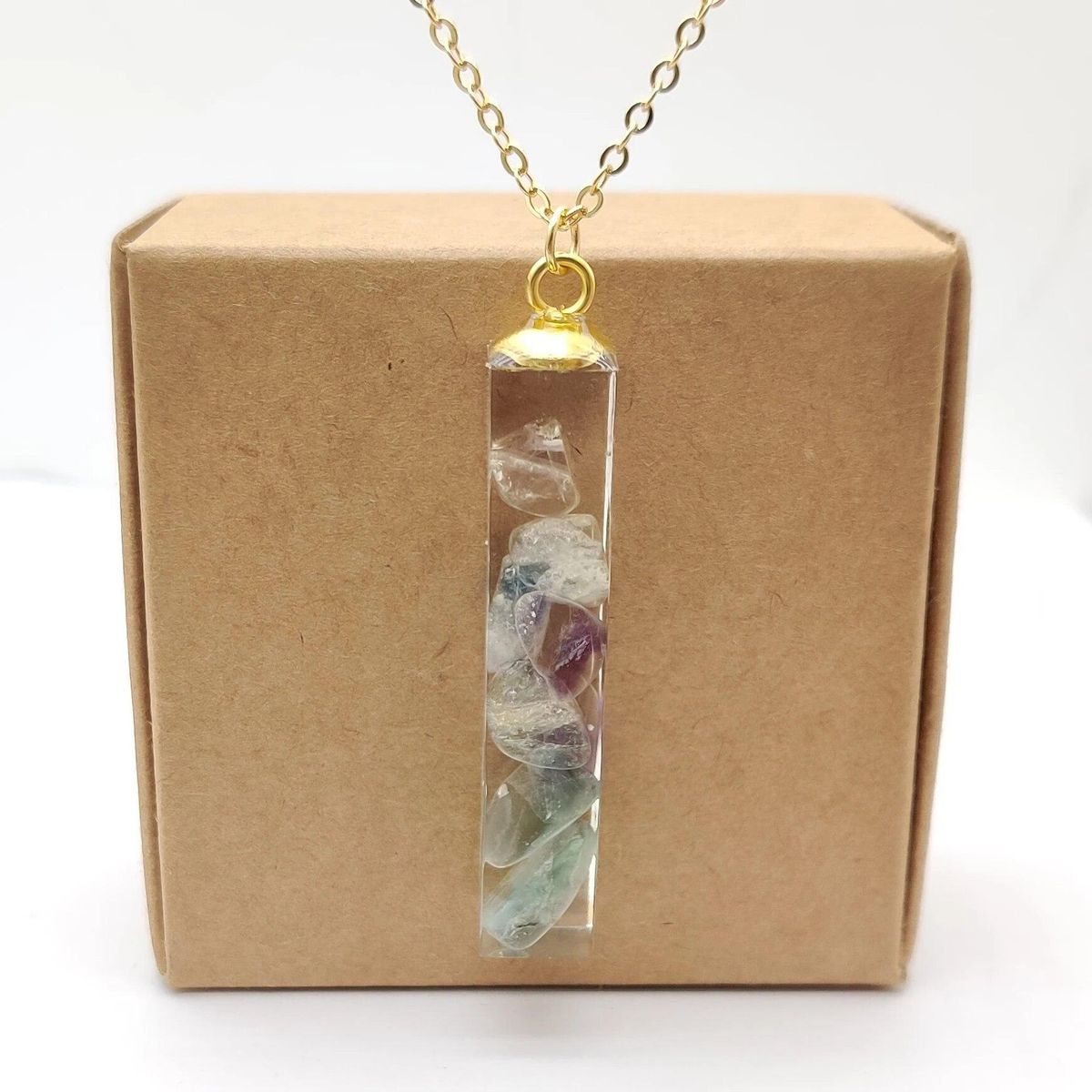 Fluorite Natural Stone Transparent Cube Resin Gold Color Pendant Chain Long Necklace Women Boho Fashion Jewelry Bohemian Vintage