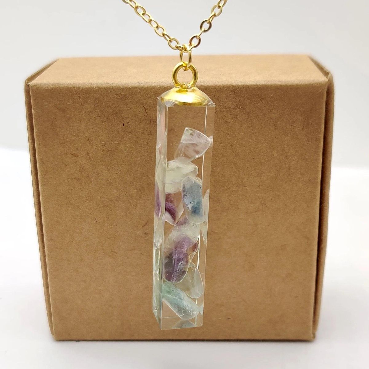 Fluorite Natural Stone Transparent Cube Resin Gold Color Pendant Chain Long Necklace Women Boho Fashion Jewelry Bohemian Vintage