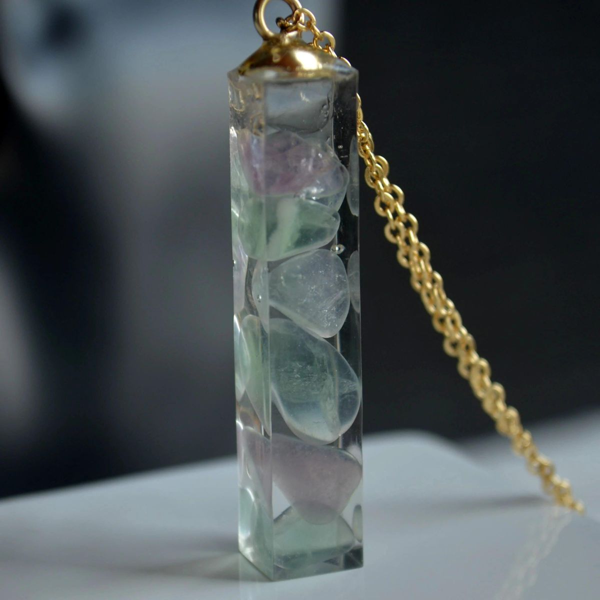 Fluorite Natural Stone Transparent Cube Resin Gold Color Pendant Chain Long Necklace Women Boho Fashion Jewelry Bohemian Vintage