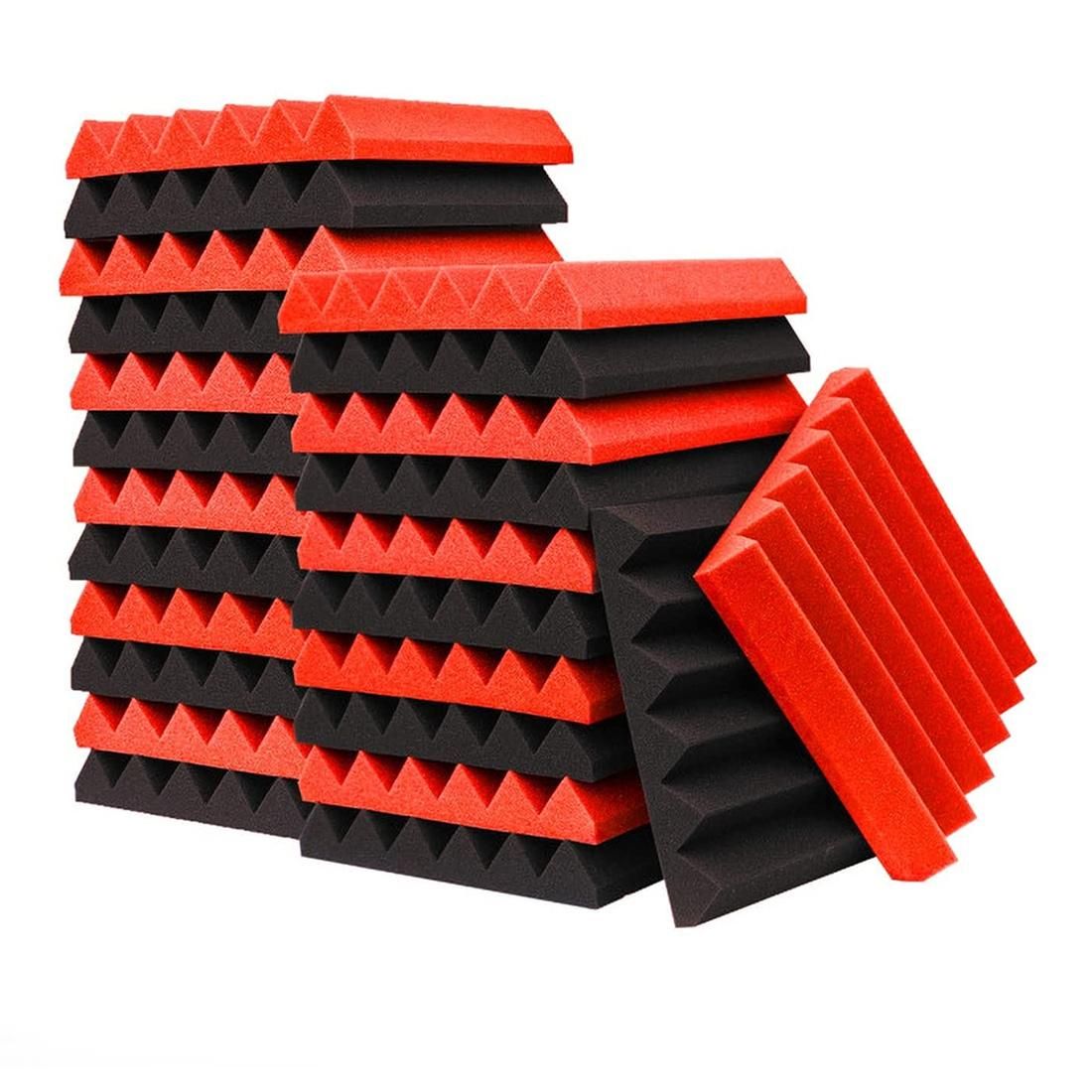 24Pcs Acoustic Foam Panels,Triangle Groove Studio Wedge Tiles,Fireproof Sound Panels Soundproof Foam for Wall,Red&Black