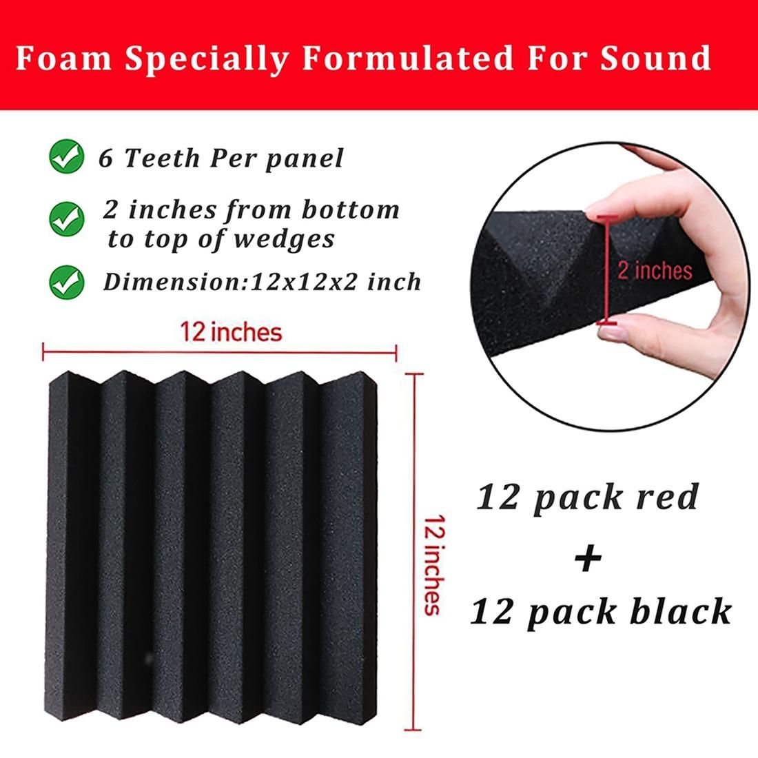 24Pcs Acoustic Foam Panels,Triangle Groove Studio Wedge Tiles,Fireproof Sound Panels Soundproof Foam for Wall,Red&Black
