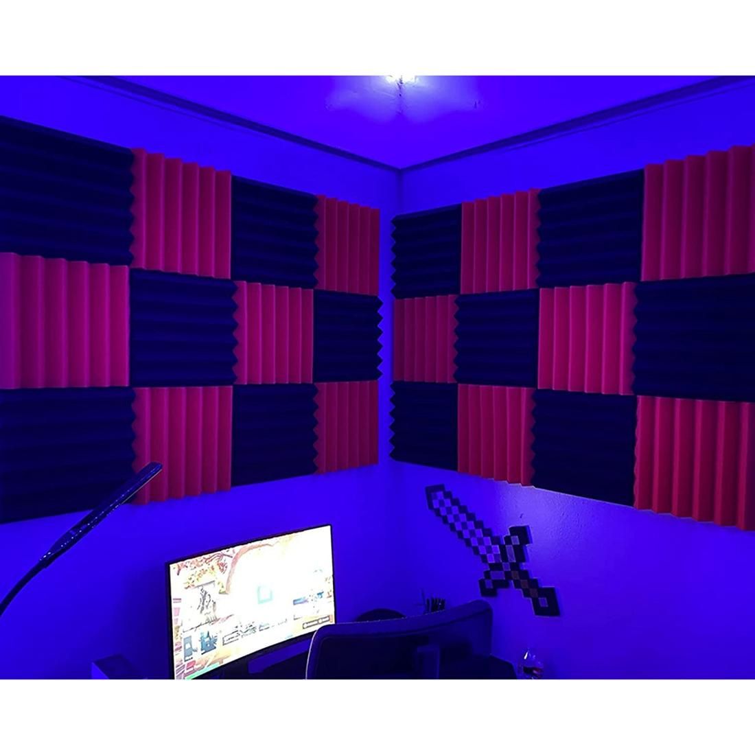 24Pcs Acoustic Foam Panels,Triangle Groove Studio Wedge Tiles,Fireproof Sound Panels Soundproof Foam for Wall,Red&Black