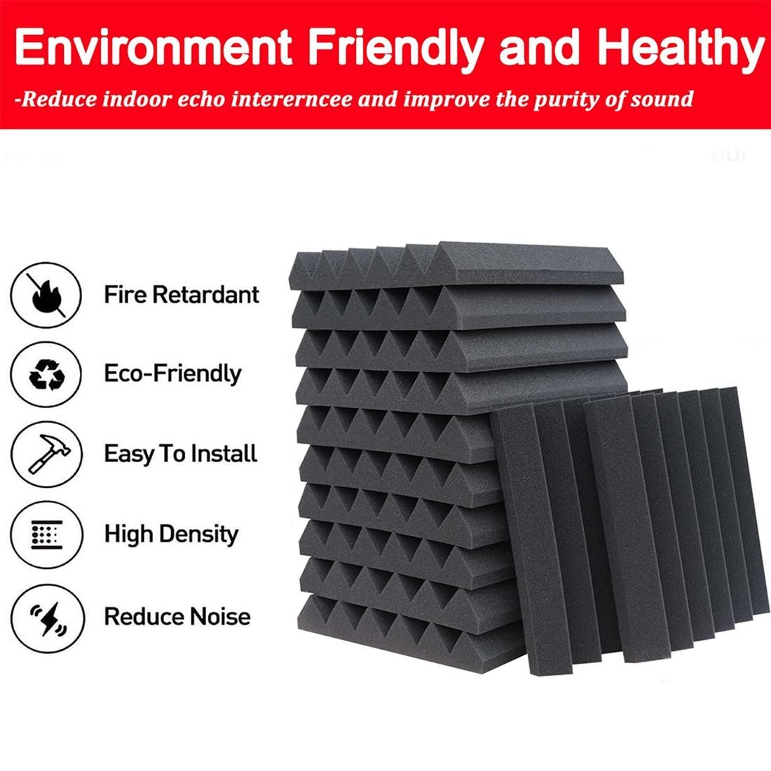 24Pcs Acoustic Foam Panels,Triangle Groove Studio Wedge Tiles,Fireproof Sound Panels Soundproof Foam for Wall,Red&Black