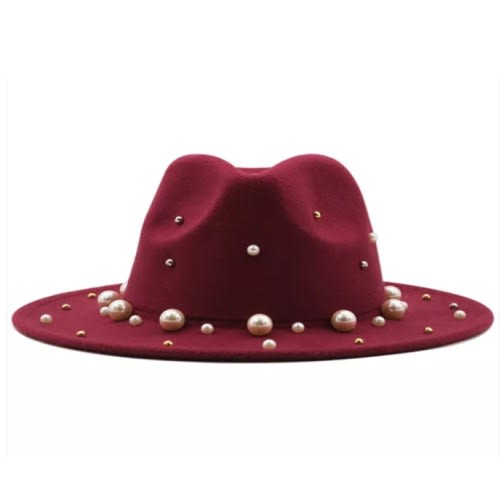 Wide Brim Fedora Hat Decorated With Pearls - Red