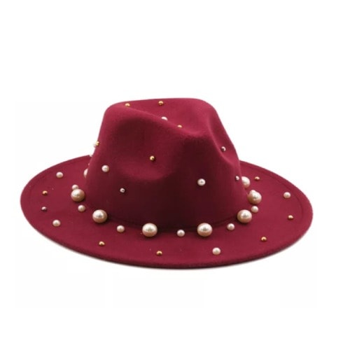 Wide Brim Fedora Hat Decorated With Pearls - Red