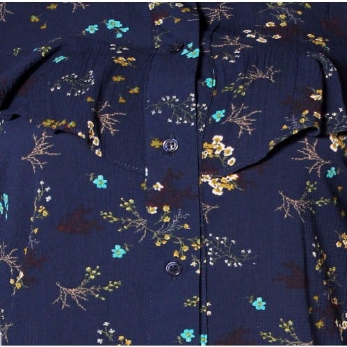 Floral Chiffon Cold Shoulder Long Sleeve Shirt - Blue