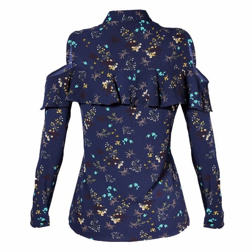 Floral Chiffon Cold Shoulder Long Sleeve Shirt - Blue