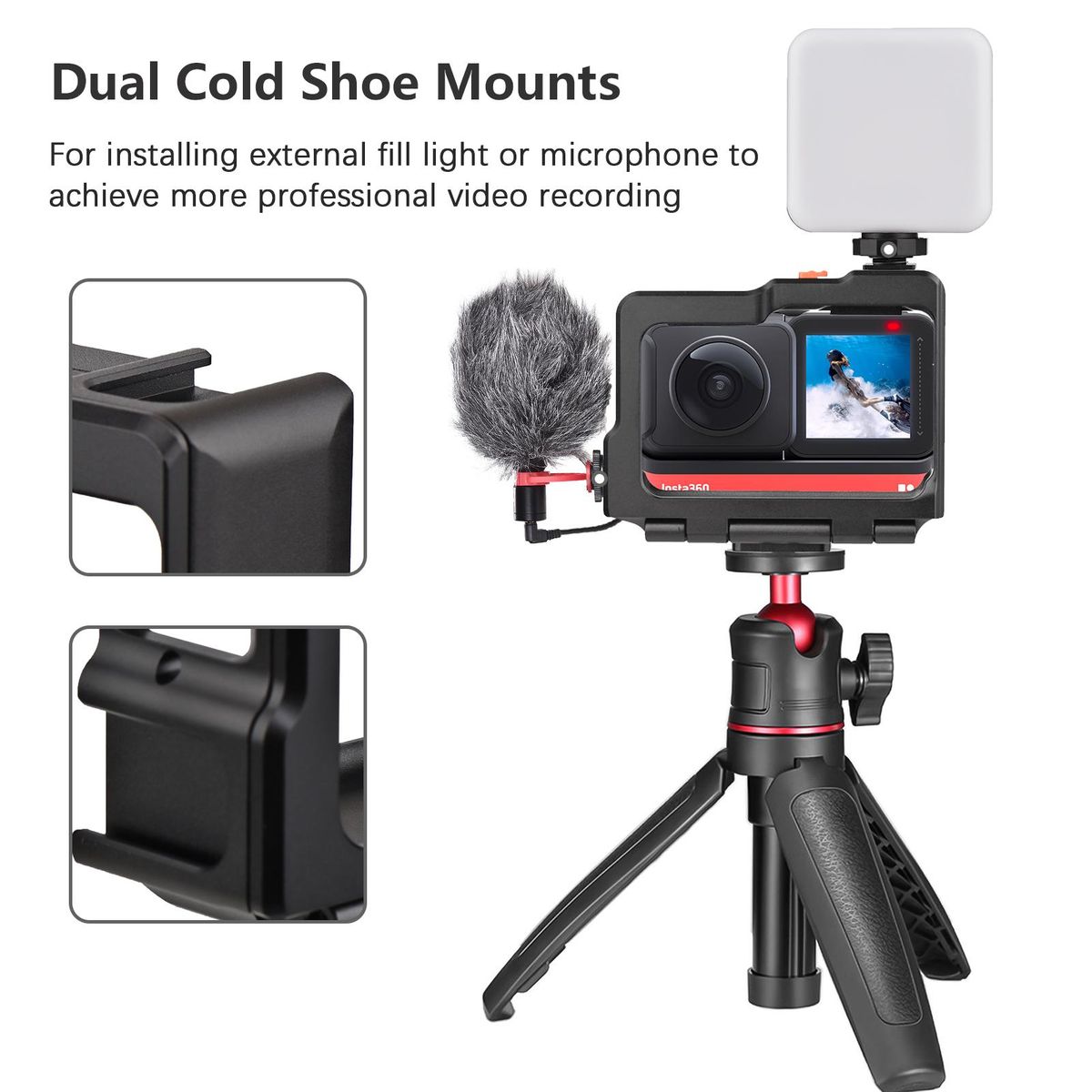 Metal Sports Camera Video Cage with Dual Cold Shoe Mounts Protective Frame Cage Vlog Accessories Replacement for Insta360 ONE R/ RS