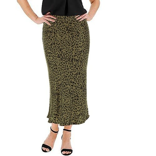 Khaki Animal Print Satin Column Midi Skirt - Plus Size 18 To 22