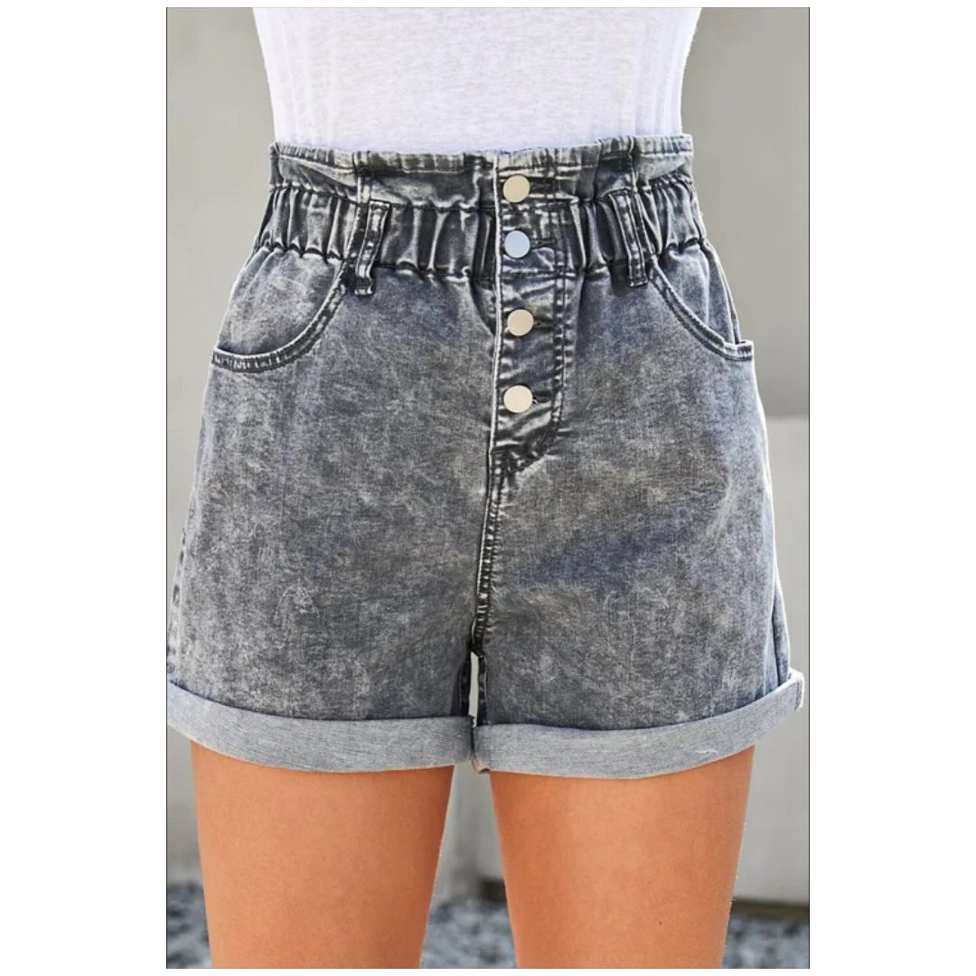 Mfed Gray Ruffled High Waist Buttoned Denim Shorts