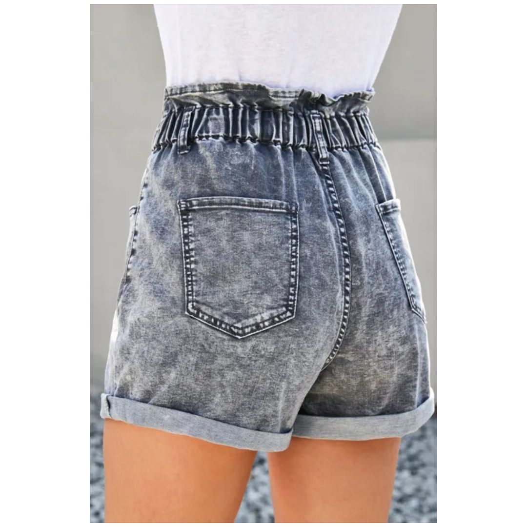 Mfed Gray Ruffled High Waist Buttoned Denim Shorts