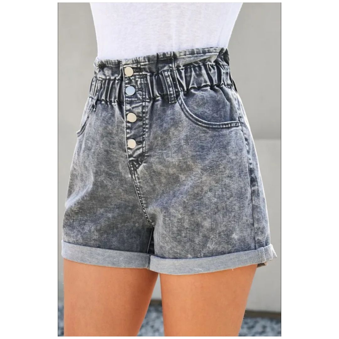 Mfed Gray Ruffled High Waist Buttoned Denim Shorts