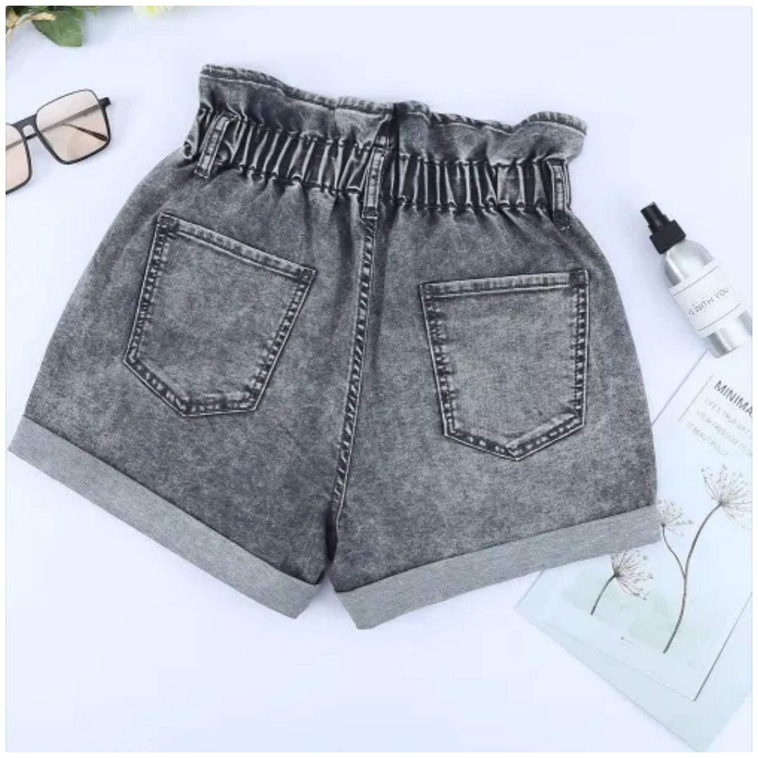 Mfed Gray Ruffled High Waist Buttoned Denim Shorts