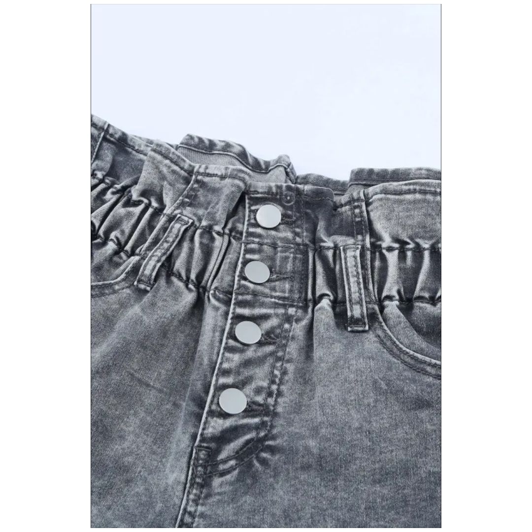 Mfed Gray Ruffled High Waist Buttoned Denim Shorts