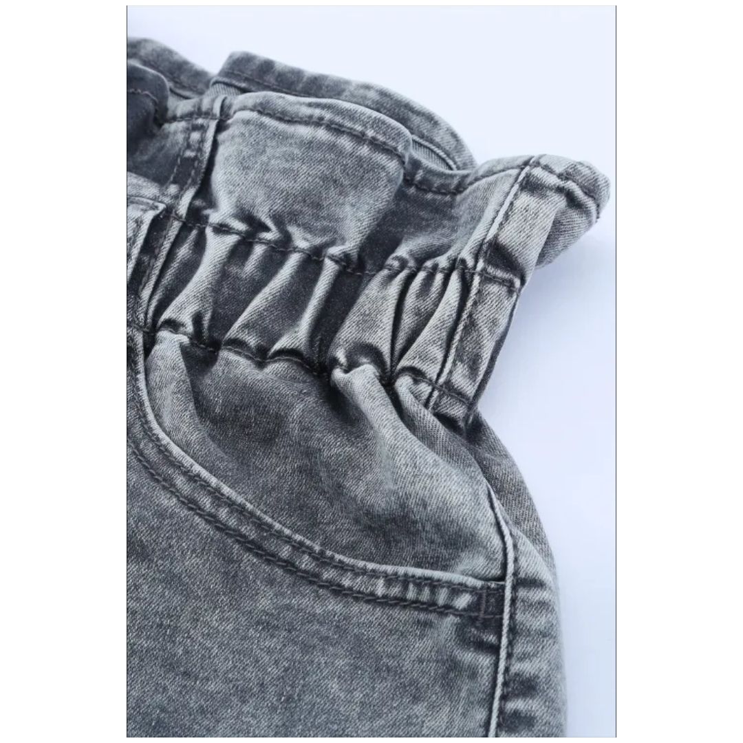 Mfed Gray Ruffled High Waist Buttoned Denim Shorts