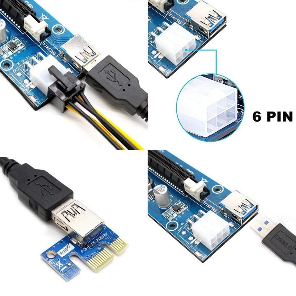 PCIe Dual Chip PCI-E 16X to 1X Powered Riser Adapter Card with USB 3.0 Extension Cable & 6 Pin PCI-E to SATA Power Cable