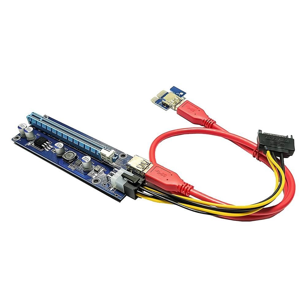 PCIe Dual Chip PCI-E 16X to 1X Powered Riser Adapter Card with USB 3.0 Extension Cable & 6 Pin PCI-E to SATA Power Cable