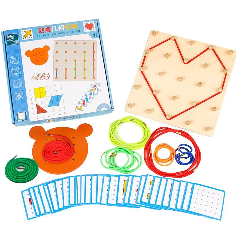Wooden Geoboard Mathematical Manipulative Material 5x5 Array Geo Board with Elastic Bands Pattern Cards Threading Board Graphical Montessori Education Learning Toy Gift for Students Children Boys and Girls