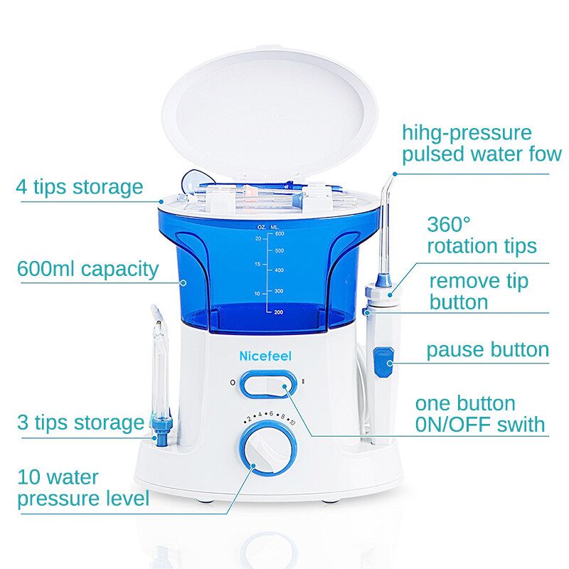 FC168 Electric Dental Floss 125psi Tooth Cleaner Household Teeth Washer Desktop Water Jet Pick Flosser Oral Irrigator Electric Teeth Cleaner Dental With 7 Tips - 600ml