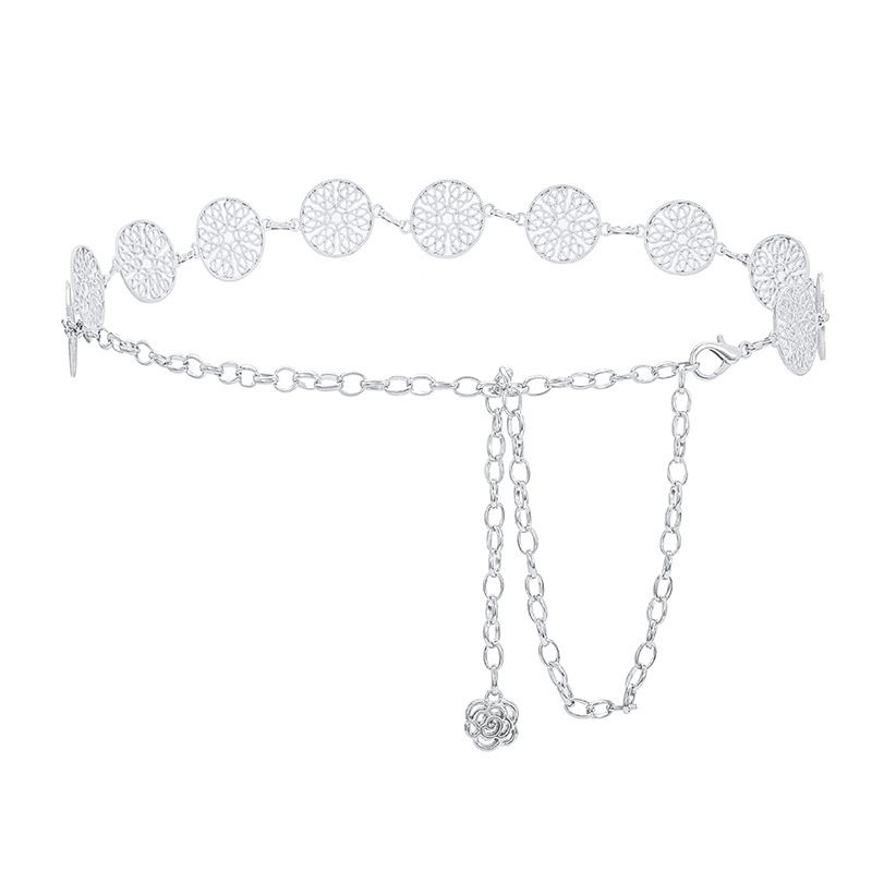 Waist Chain Pendant Decoration Ladies Metal Hollow Belt-Silver Z242
