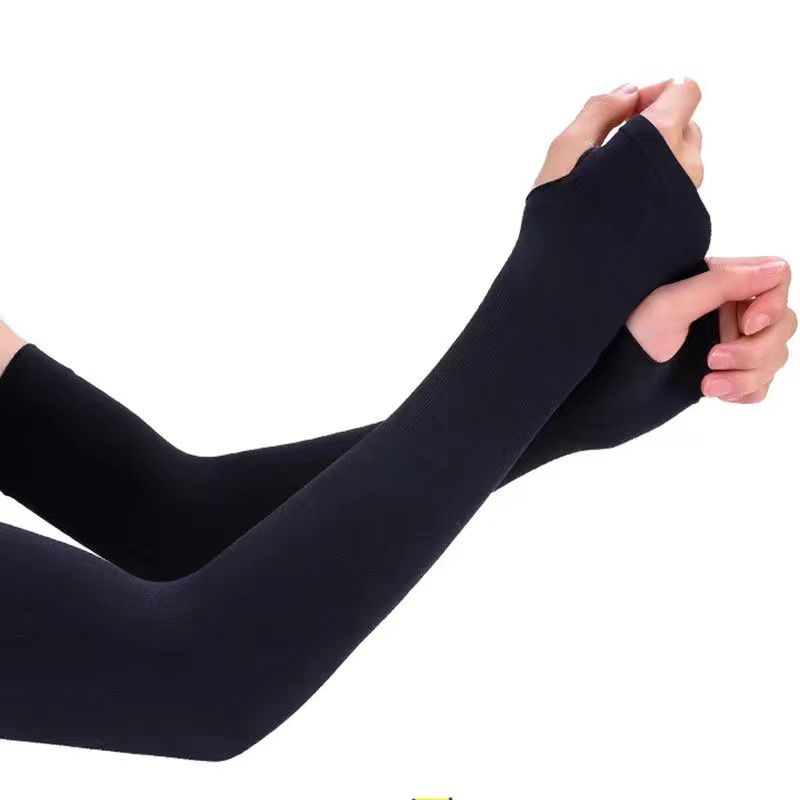 1Pair Anti_UV Arm Sleeves For Men And Women Summer Outdoor Driving Hand Protector Sunscreen Ice Silk Half Finger Long Gloves(#Black-Finger-38cm)