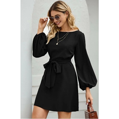Boat Neck Bishop Sleeve Belted Dress - Black