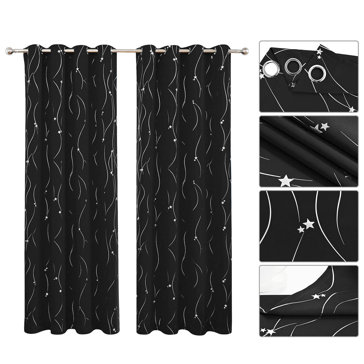 2PC Curtains Aoresac Household Blackout Hot Silver Five Pointed Star Shading 85%+ High Precision Double Sided Matt