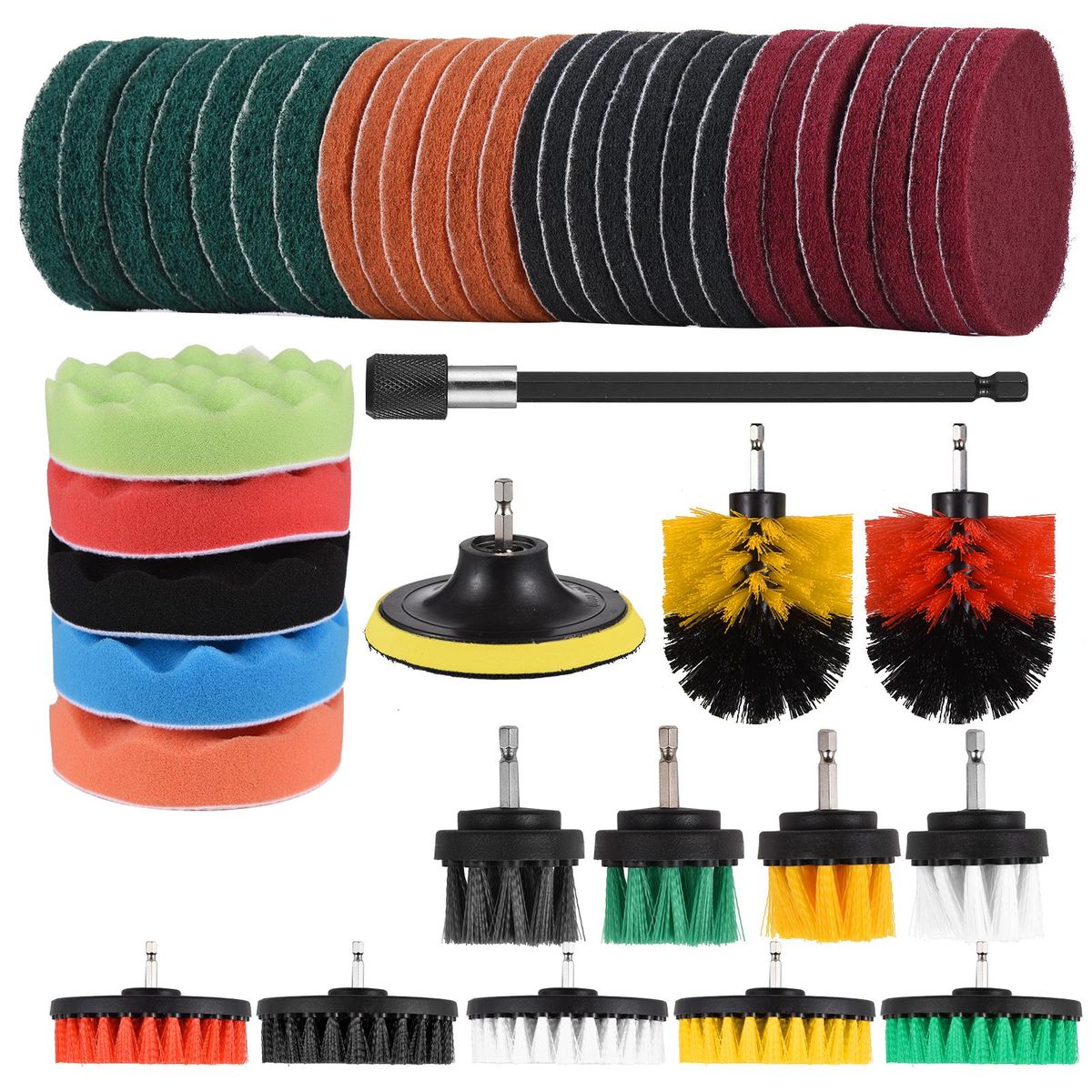 45 PCS Drill Brush Attachments Set Includes Scrub Pads Sponge Pads Different-Sized Brushes Power Scrubber Brushes with Extension Rod Versatile for Household Bathroom Kitchen Tub Sink Floor