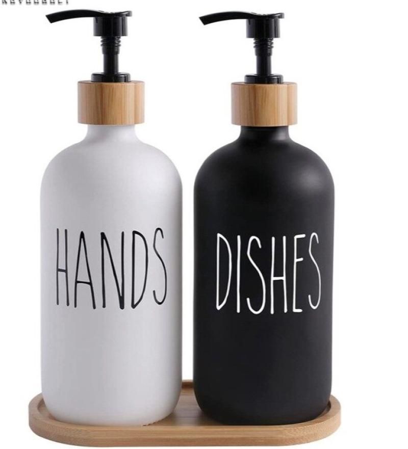 Glass Soap Dispenser Set: 500ml With Wood Tray For Home Bath