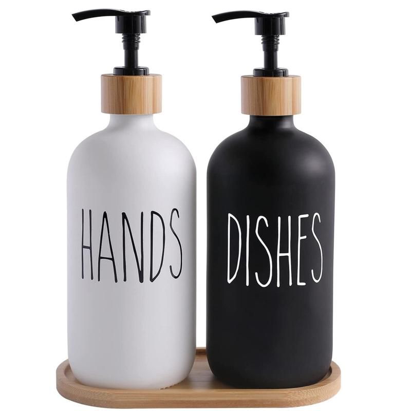 Glass Soap Dispenser Set: 500ml With Wood Tray For Home Bath